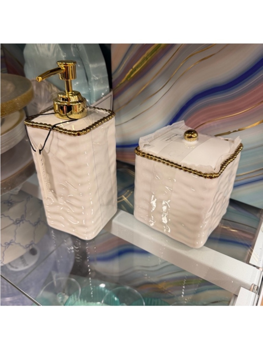 White Ceramic Bath Set with Gold Trim - Soap Dispenser & Jar
